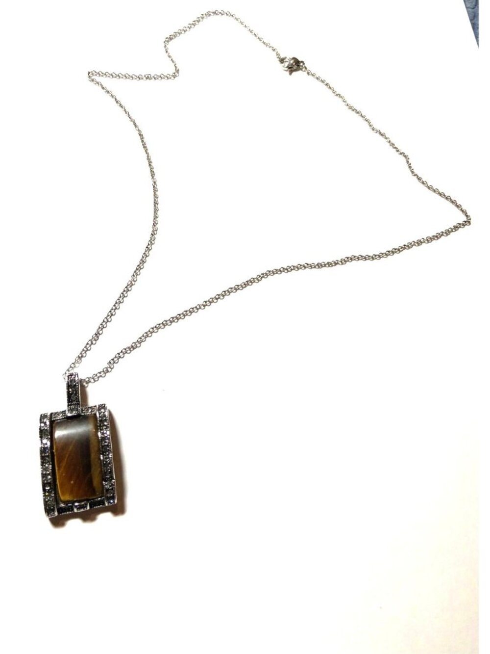 Tigers Eye Pendant Necklace With Silver-Tone Chain & Rhinestone Accents